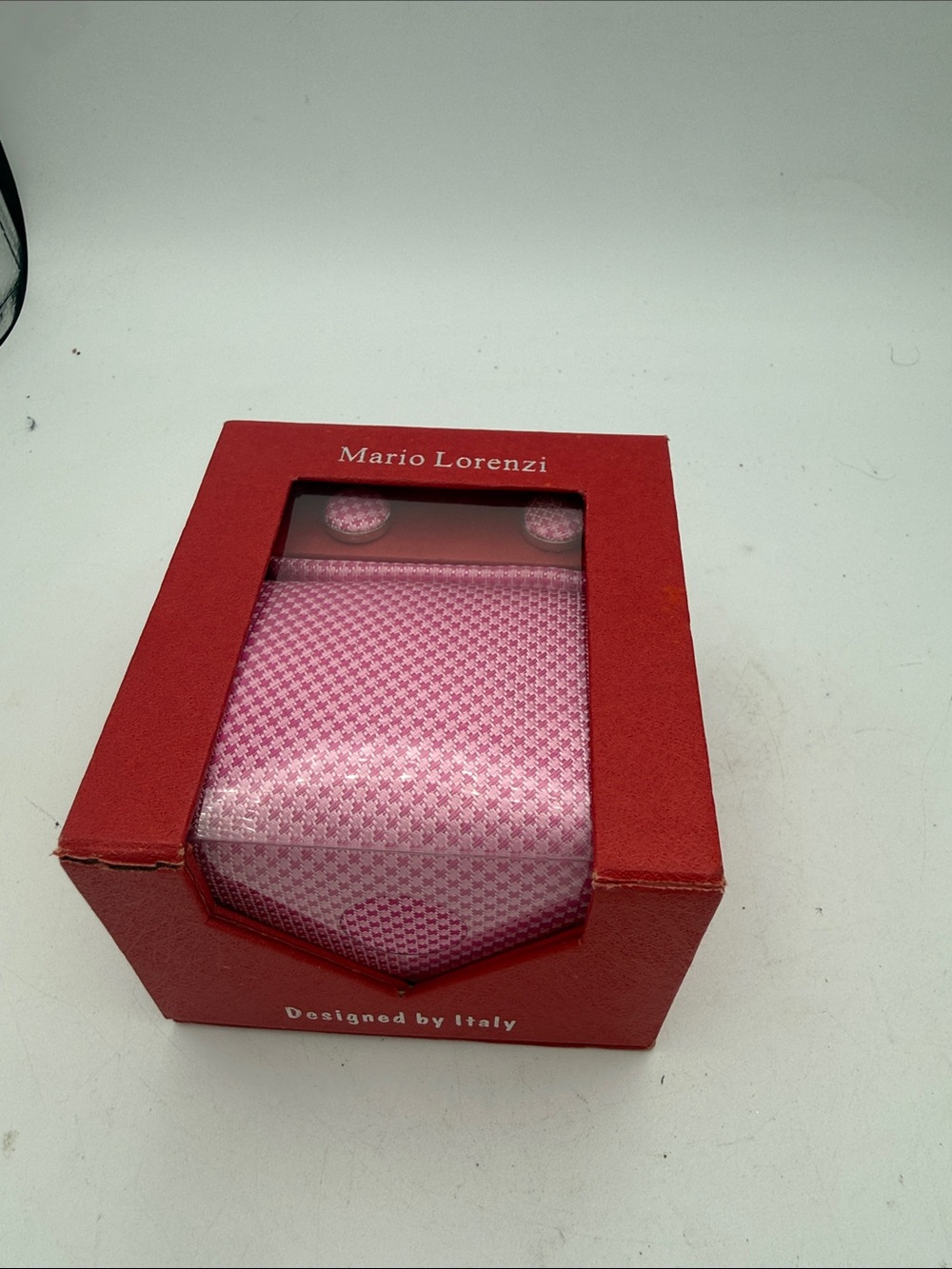 Mario Lorenzi tie set pink houndstooth silk necktie w/ matching cufflinks Italy